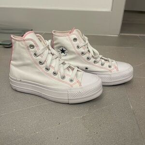 Converse High-Top Platform Sneakers in White and Pink